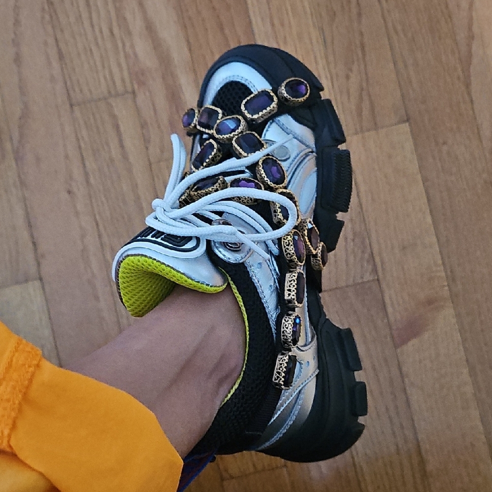 Gucci Black and Silver Athletic Shoes with Purple Accents